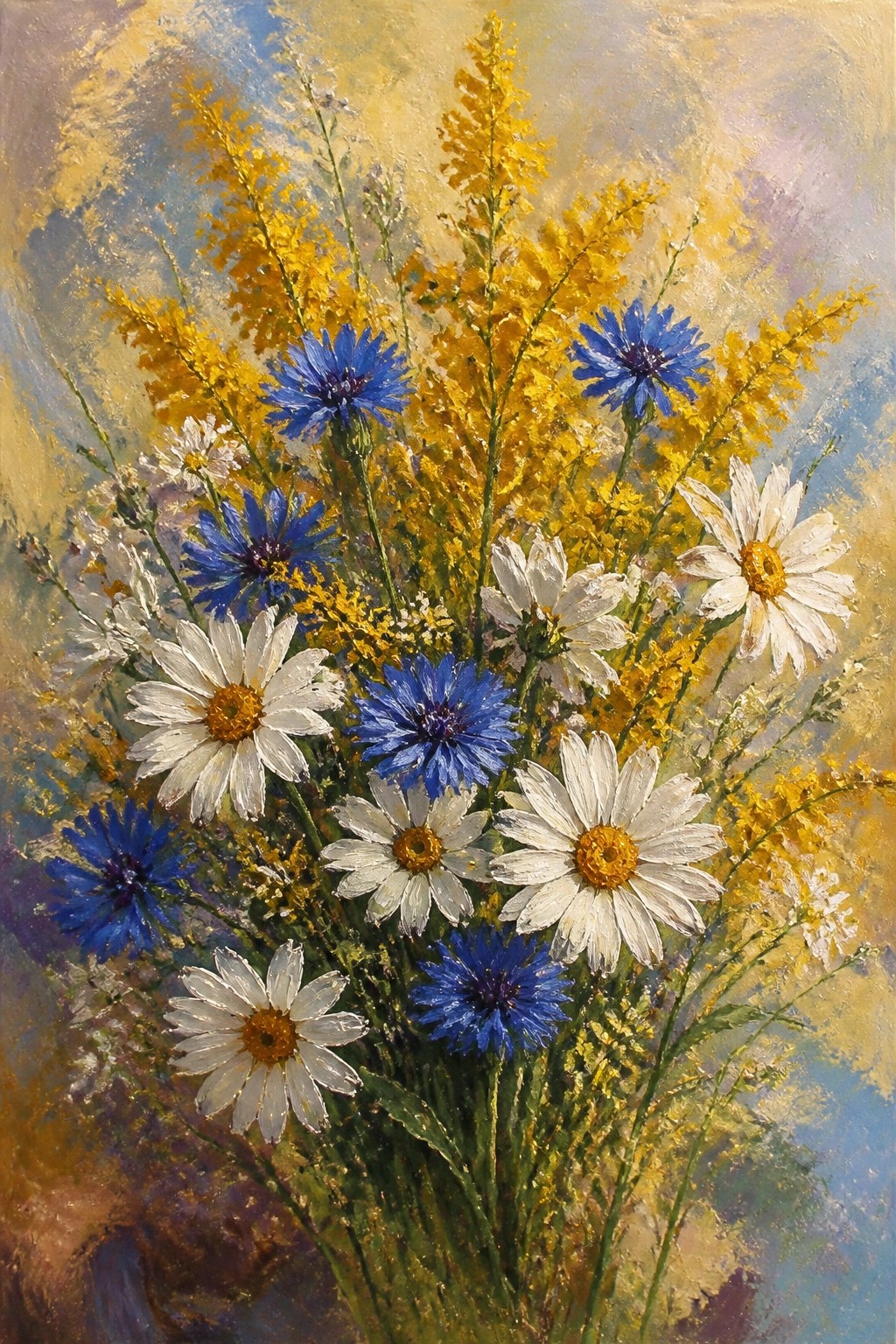Impressionistic painting of white daisies, blue cornflowers, and yellow wildflowers