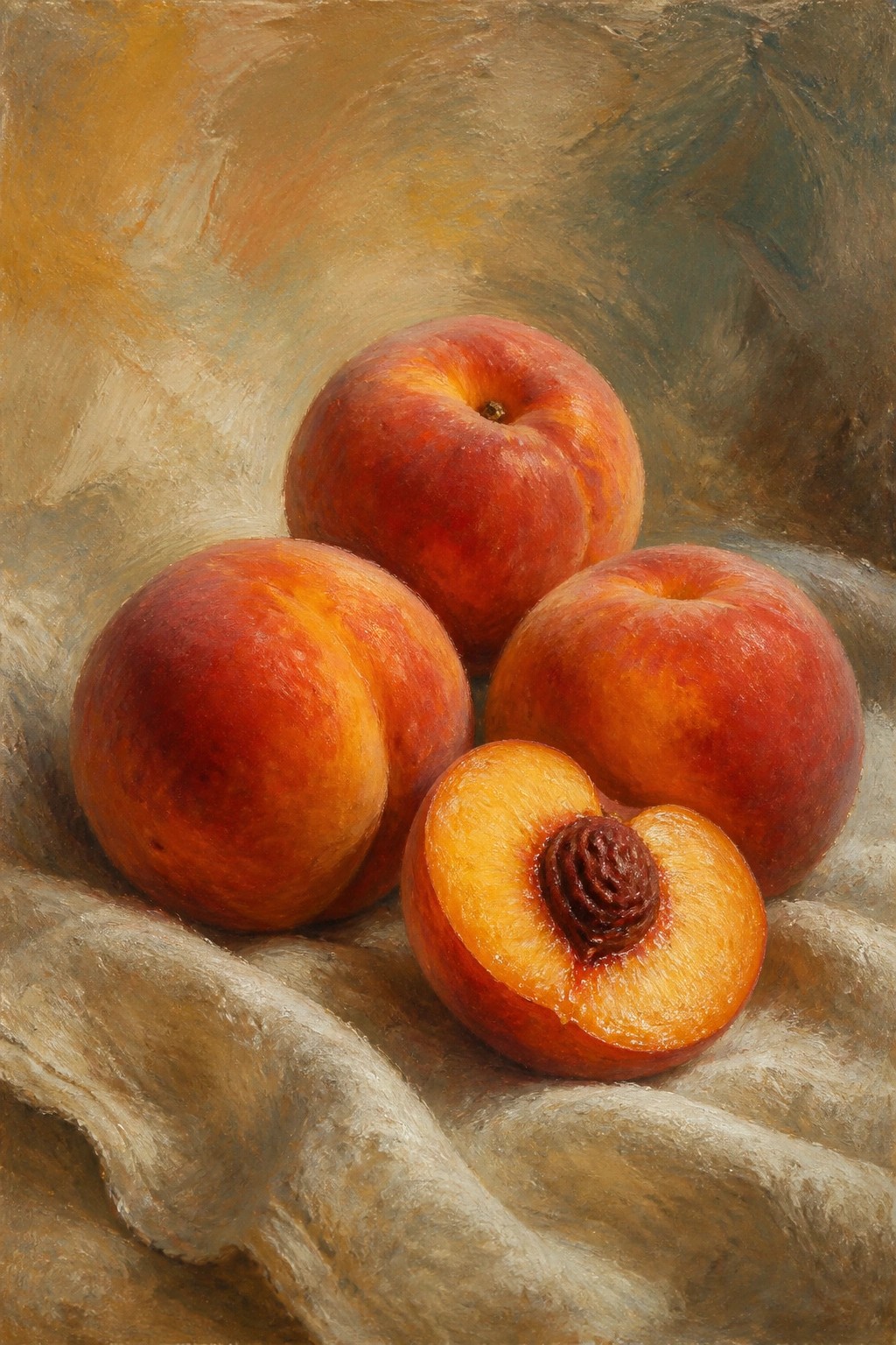 Realistic oil painting of four peaches on draped cloth, three whole and one halved to show the pit.