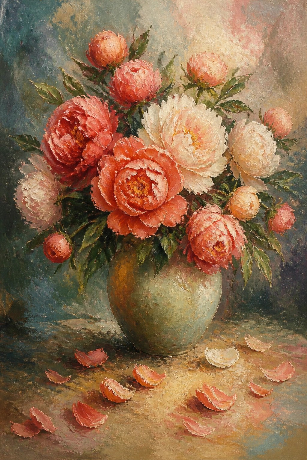 Oil painting of red and white peonies in green vase with scattered petals.
