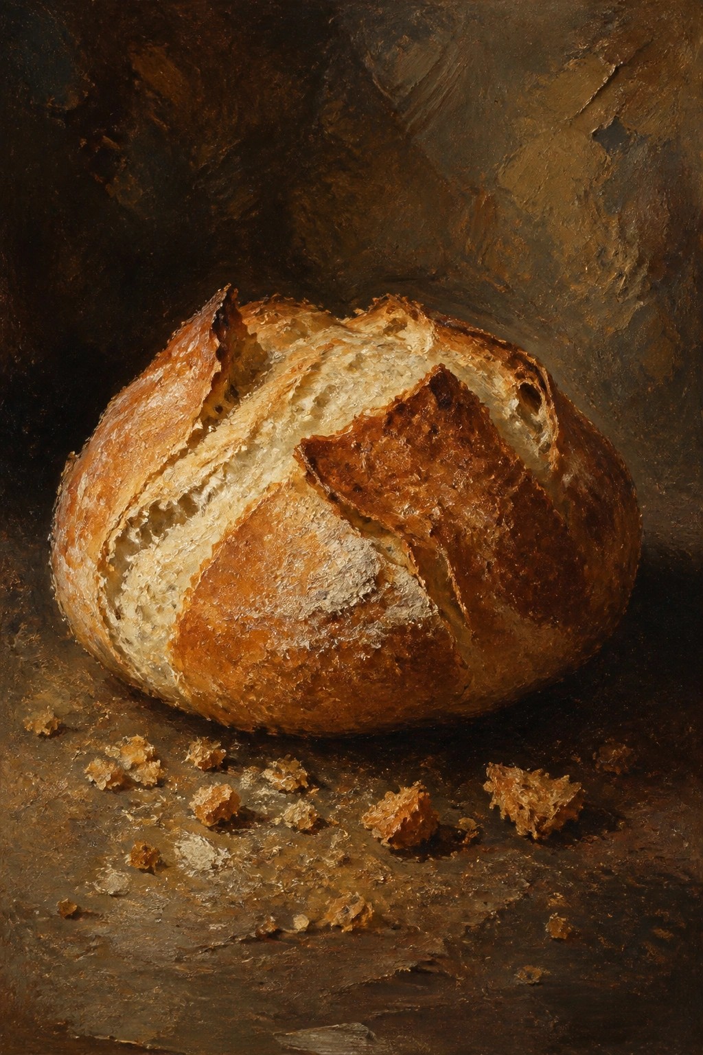 A realistic oil painting of a round crusty loaf of bread with a broken top, resting on a dark textured surface with scattered crumbs around it.
