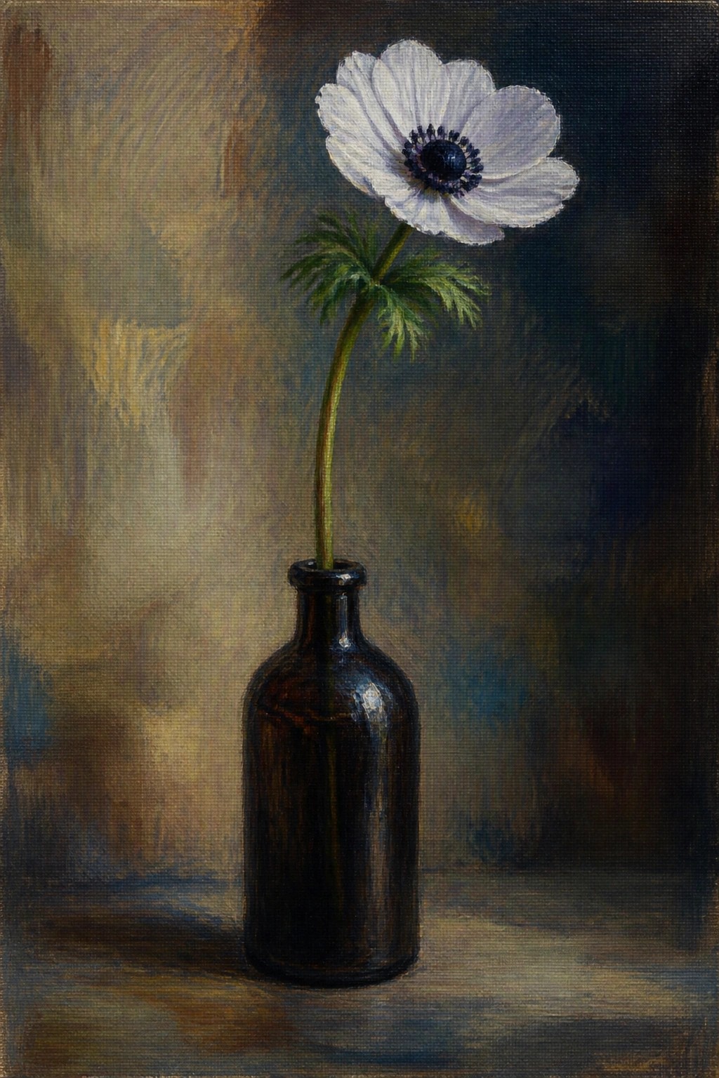 A realistic oil painting of a white flower with a dark center in a brown glass bottle on a wooden surface against a dark background.