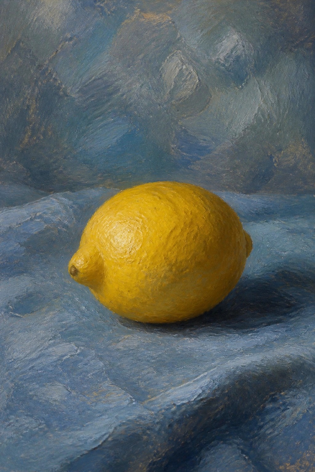 Yellow lemon on textured blue surface against painterly blue background