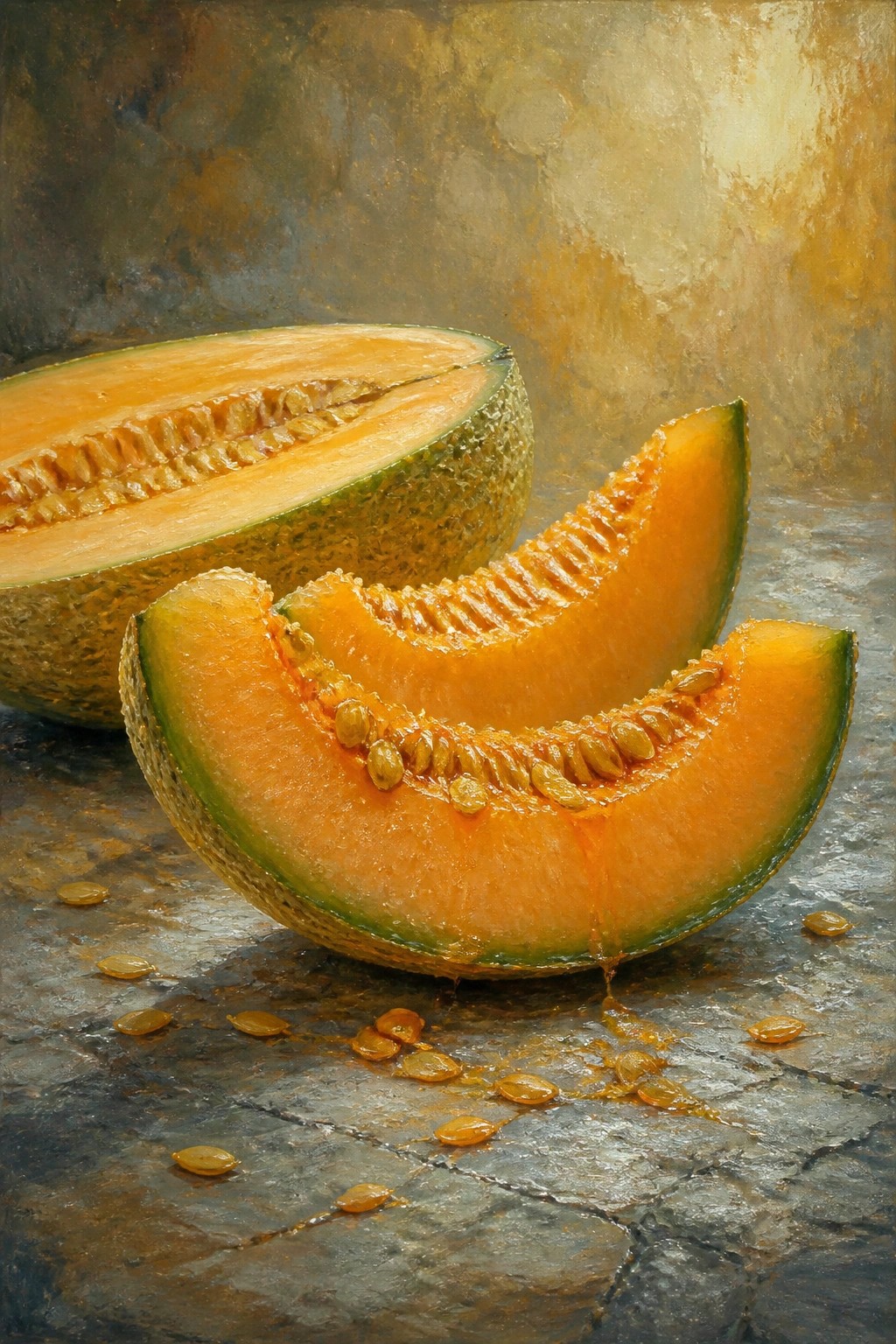 Cantaloupe slices with seeds and juice on a textured stone surface.