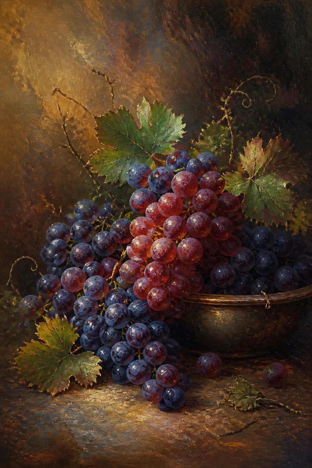 Overflowing cluster of purple grapes from a metal bowl with green leaves