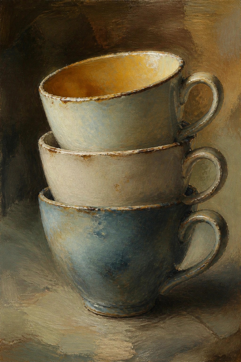 Three stacked rustic ceramic mugs with handles in muted blue and beige tones
