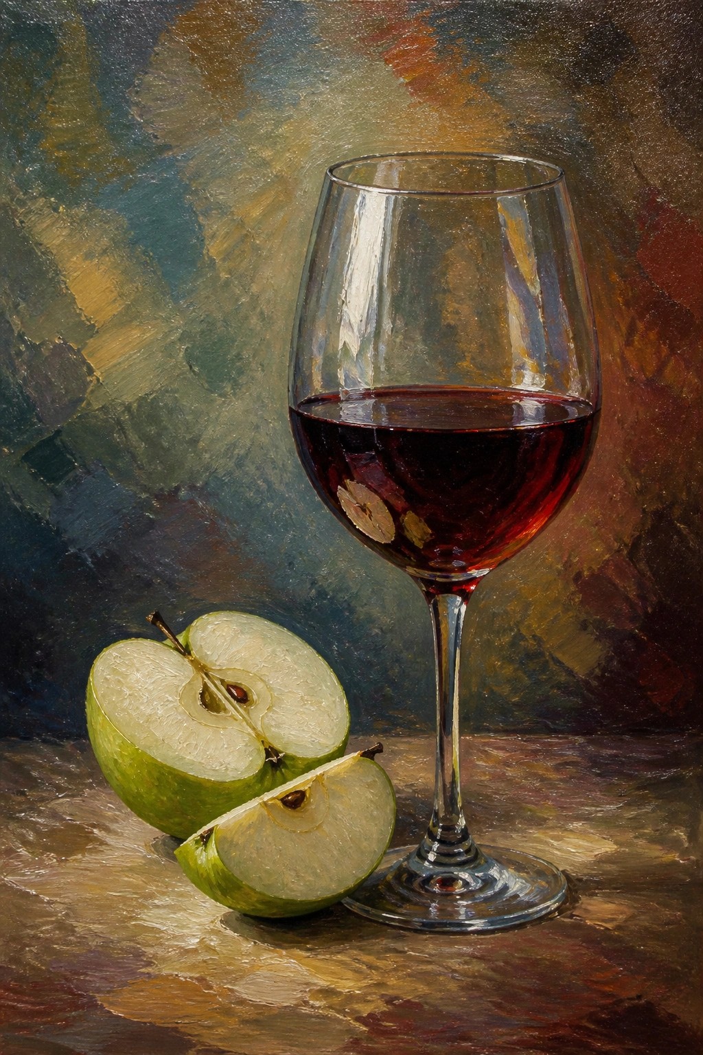 An oil painting of a wine glass filled with red wine next to two halves of a green apple on a wooden surface with a textured abstract background.