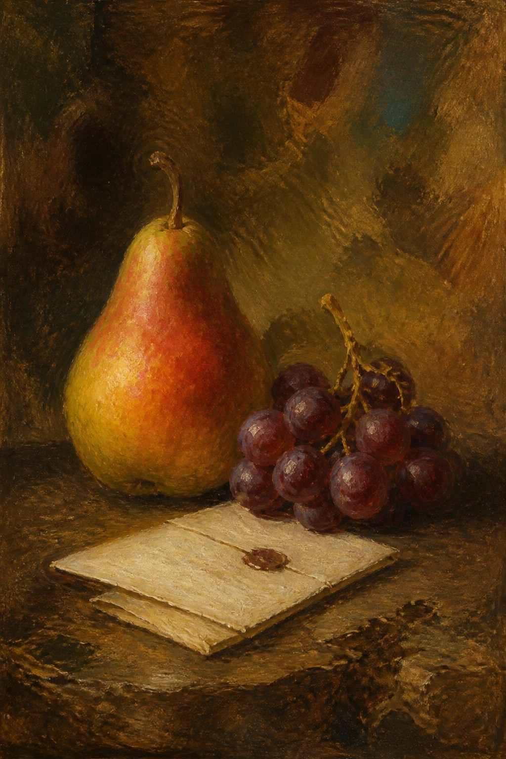 Still life painting of yellow-red pear, purple grapes, and wax-sealed letter.
