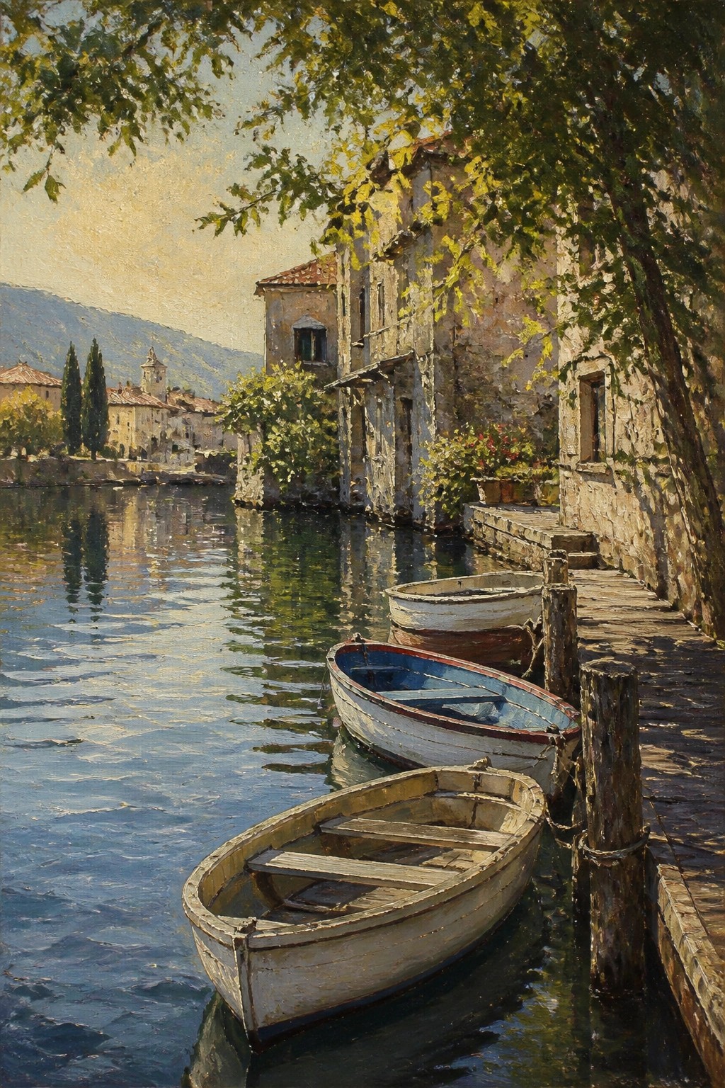 Several rowboats moored along a wooden dock by old stone buildings on calm water.
