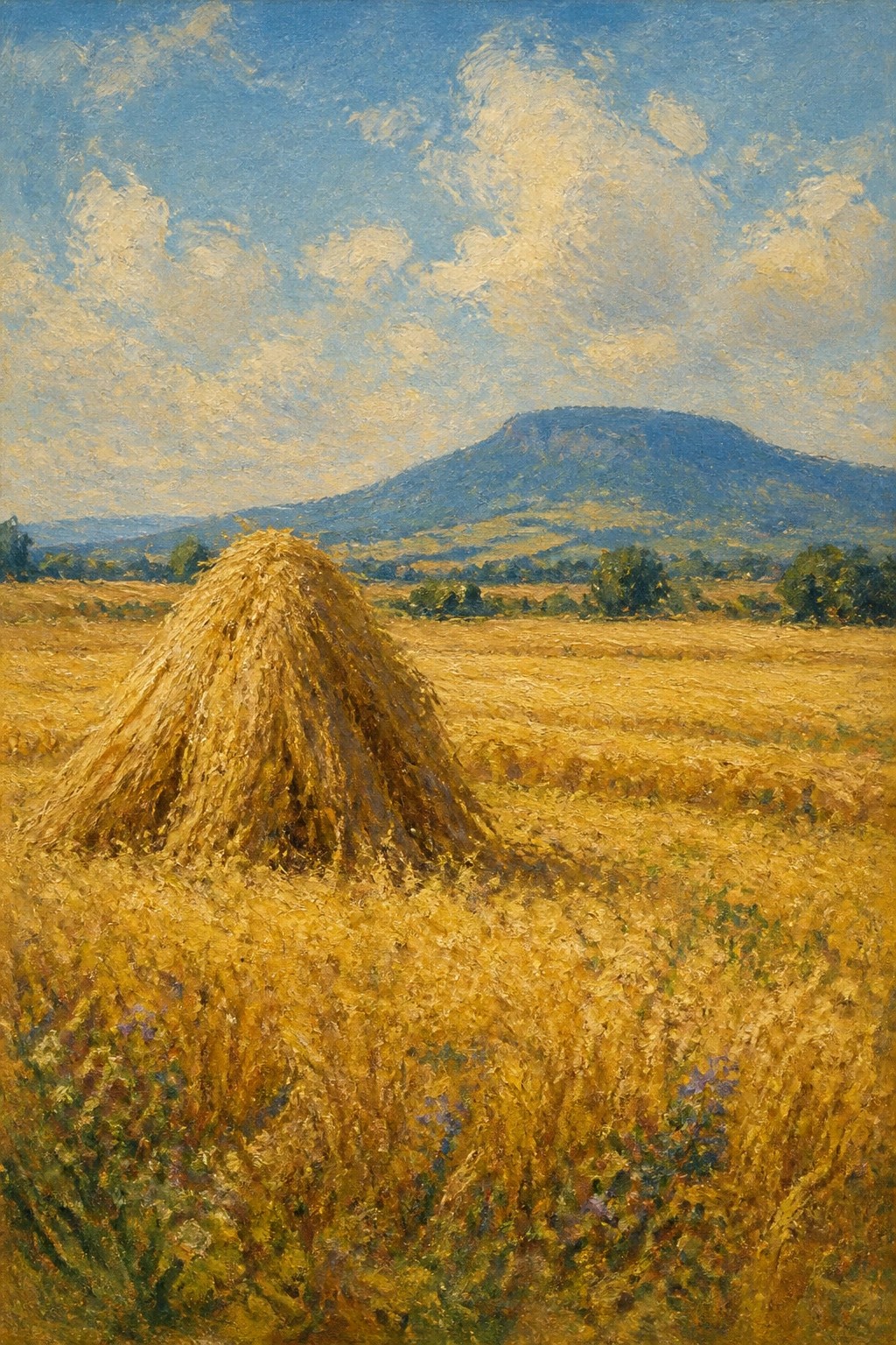 Golden haystack in sunlit wheat field with wildflowers and distant mountain.