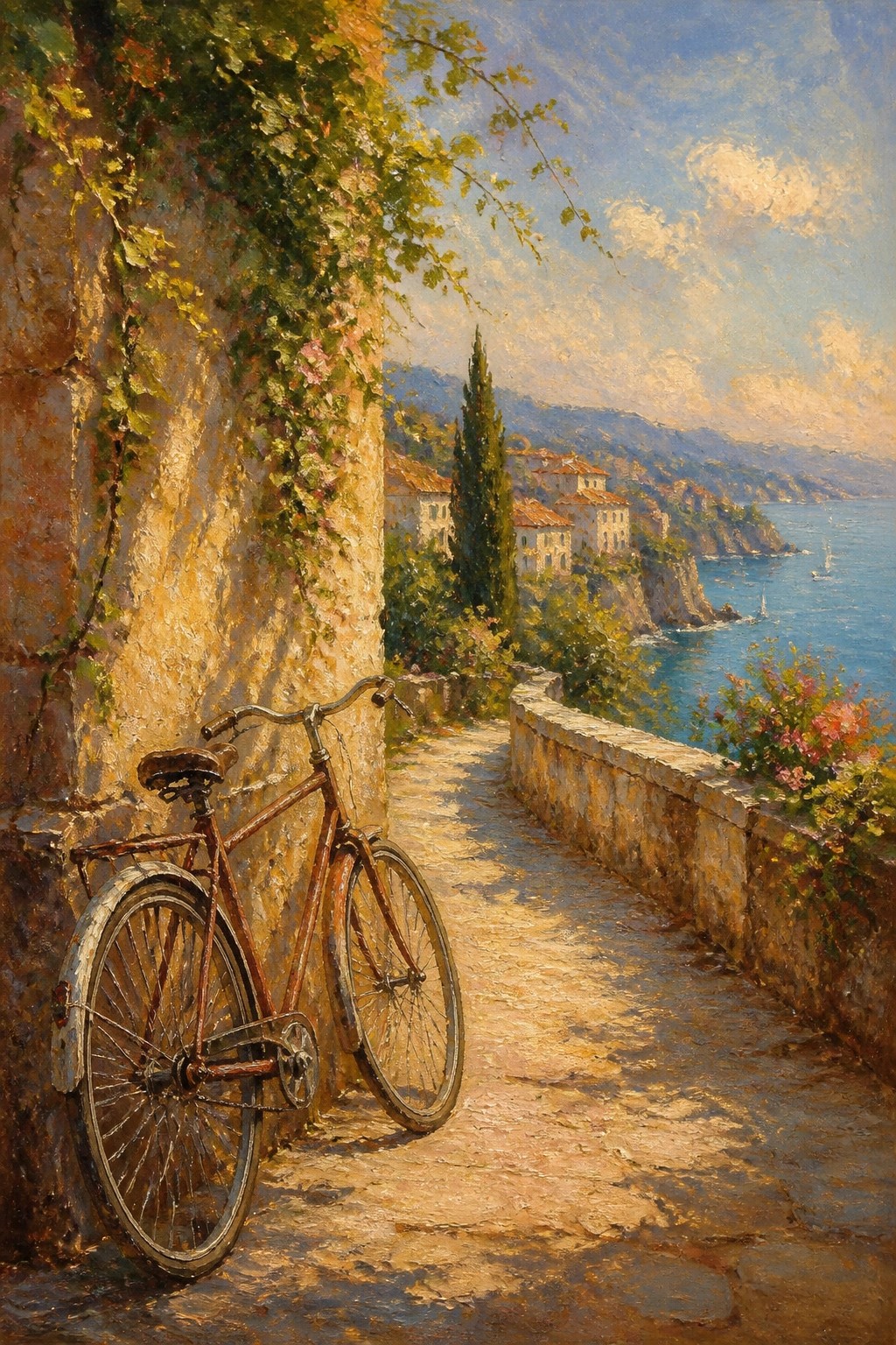 A realistic oil painting of a rusty bicycle leaning against a vine-covered stone wall on a sunny coastal path with ocean and hillside buildings visible beyond.