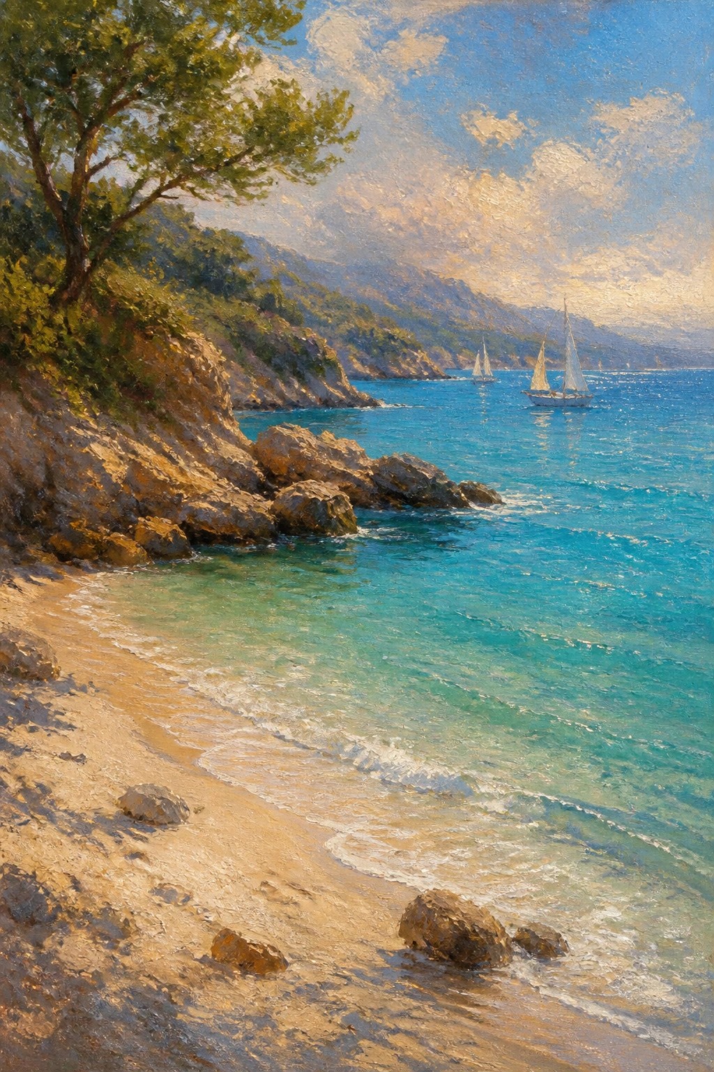 Sunny beach with turquoise waves, sailboats, rocky cliffs, and green mountains.