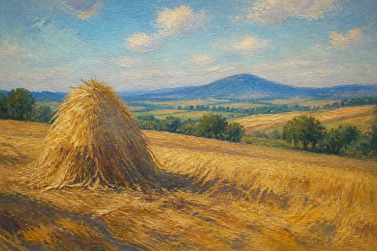 Golden haystack in sunlit wheat field with wildflowers and distant mountain.