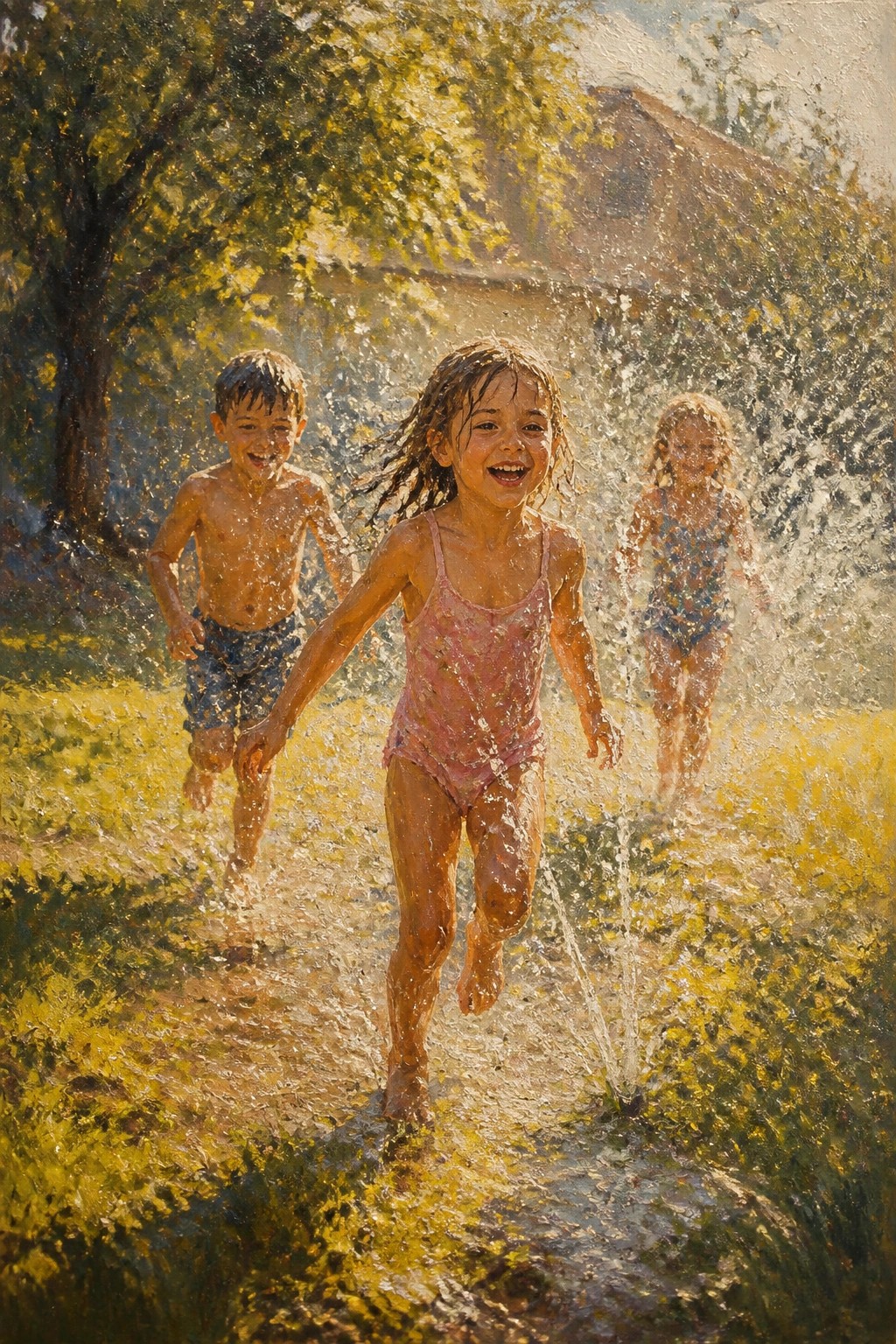 Three children in swimsuits run laughing through a sunlit backyard sprinkler, oil painting.