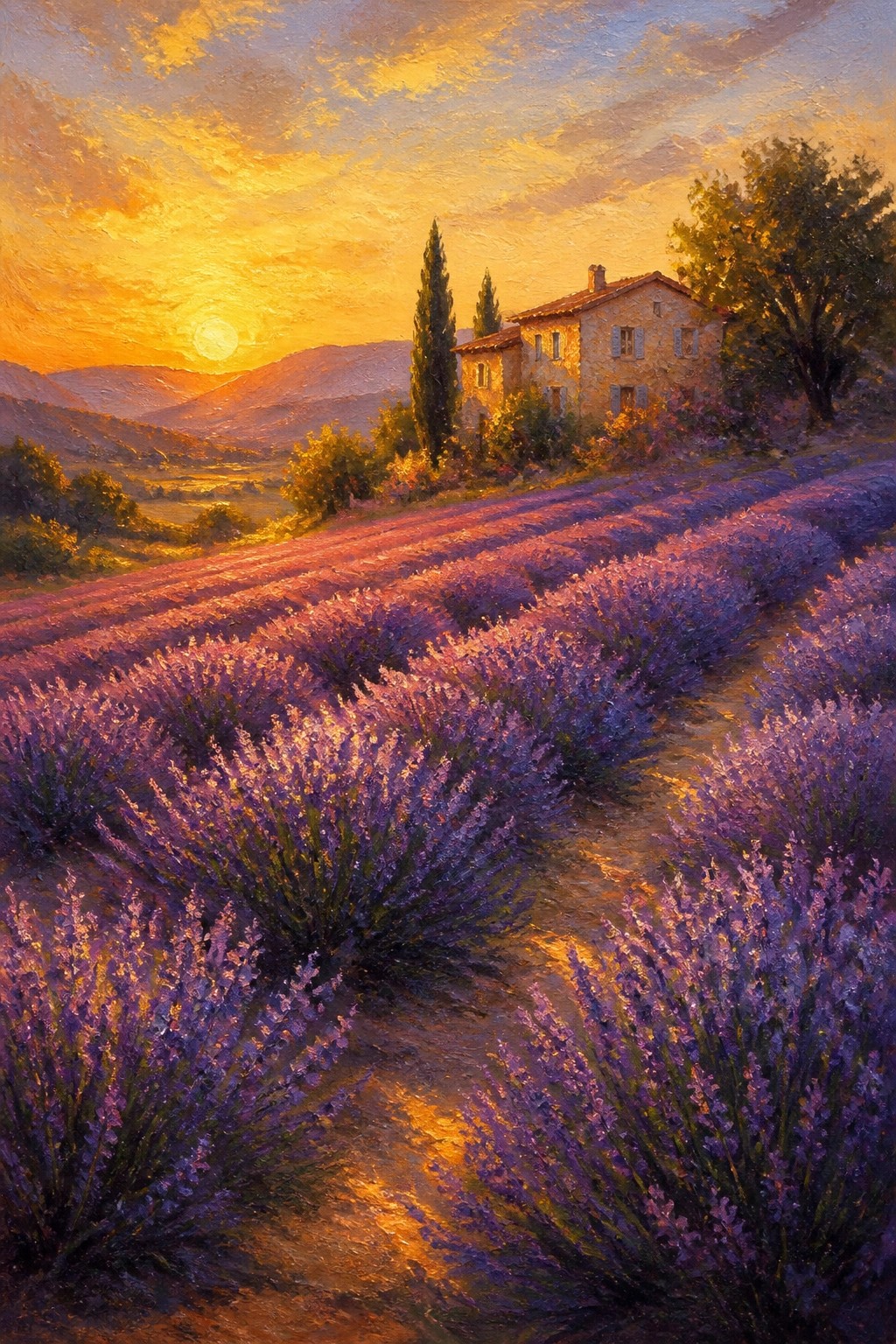 Lavender fields glowing at sunset beside a stone house and cypress trees