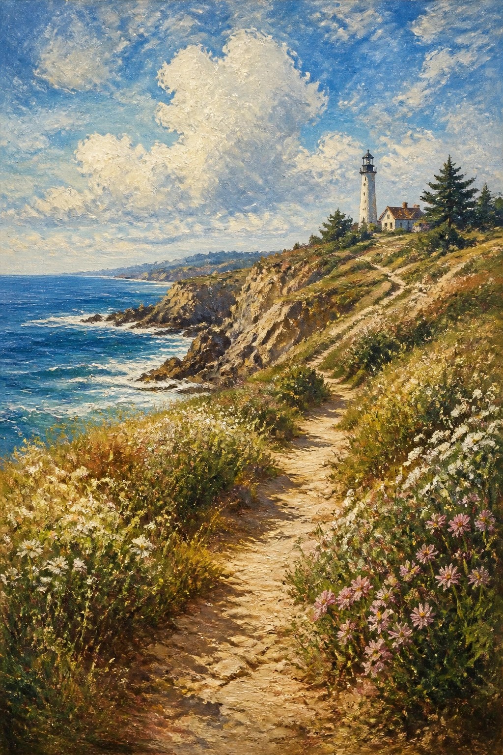 A realistic oil painting of a dirt path lined with white and pink wildflowers leading to a white lighthouse on a grassy cliff beside the blue ocean under a cloudy sky.