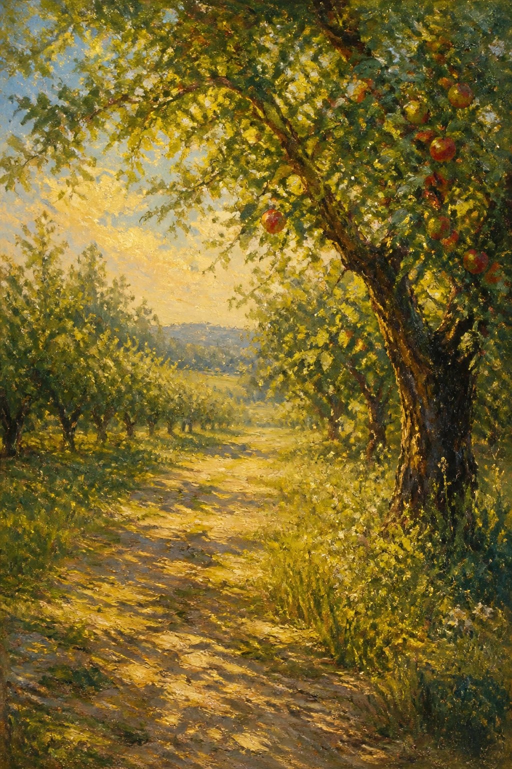 Sunlit dirt path winds through lush apple orchard with red fruit on trees