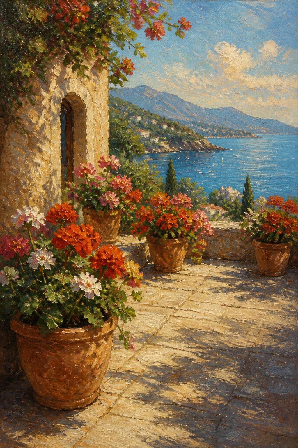 An oil painting of a sunlit stone terrace with multiple terracotta pots of red, pink, and white flowers overlooking a blue sea and mountains.