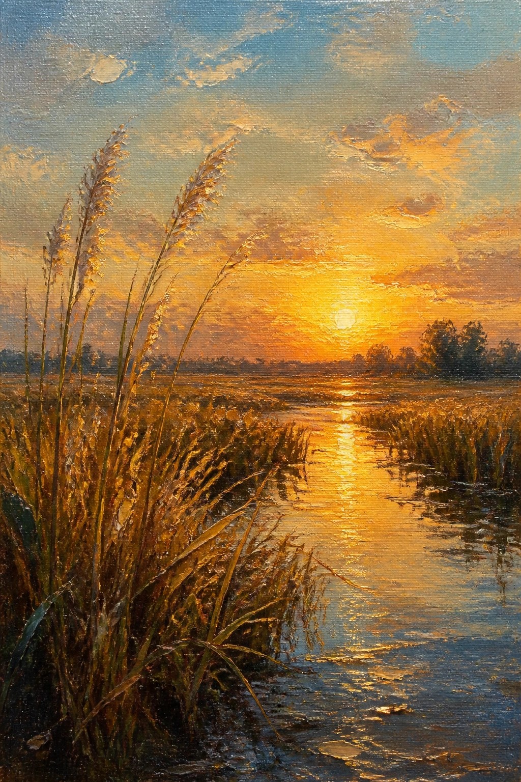 Golden sunset over marsh with tall reeds reflecting in winding stream.