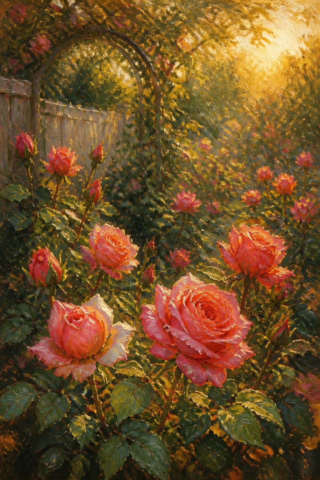 An oil painting of pink roses in a garden with an arched trellis, golden sunlight filtering through green leaves and flowers.