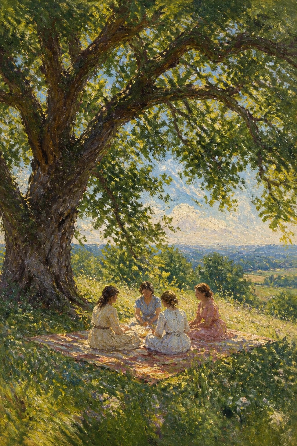 Four women in light dresses picnic beneath a leafy tree overlooking sunlit hills.