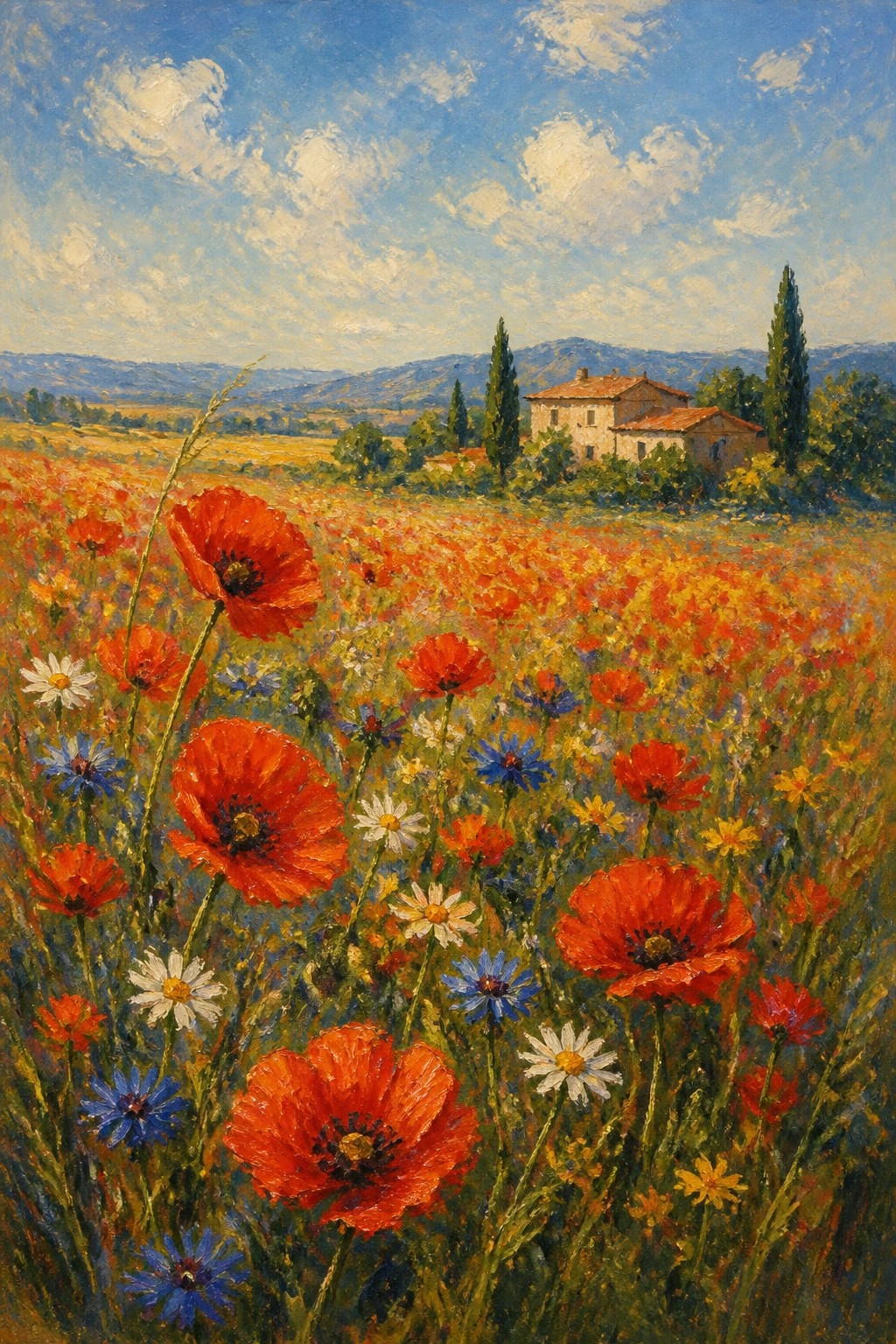 Vibrant red poppy field with wildflowers, a stone house, and rolling hills in oil painting style.