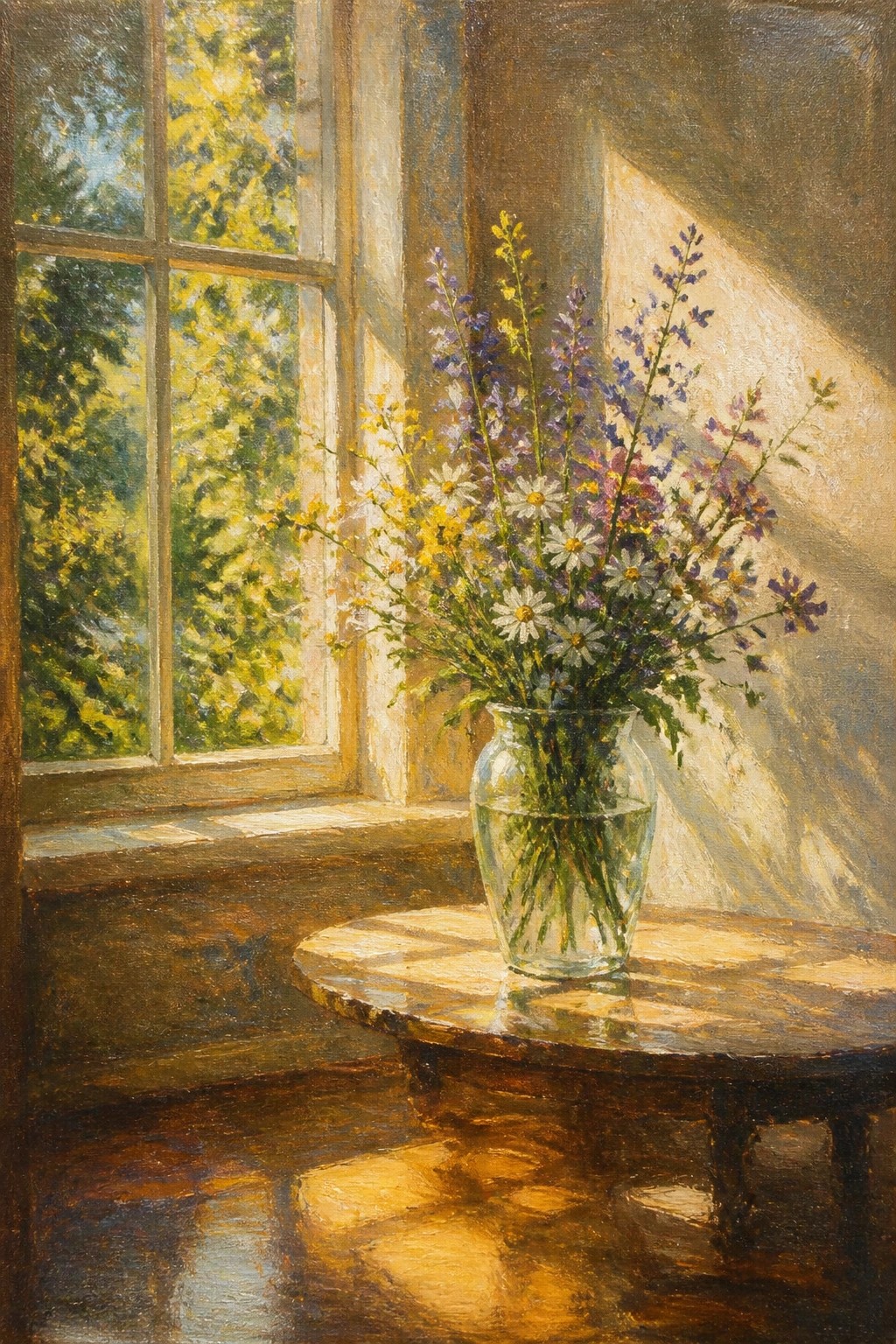 Sunlit vase of daisies and wildflowers on wooden table by window