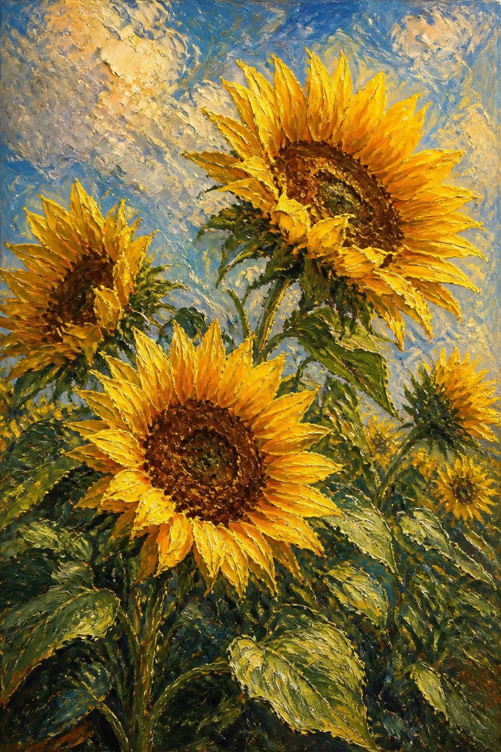 Impressionistic oil painting of vibrant yellow sunflowers with green leaves under a blue sky