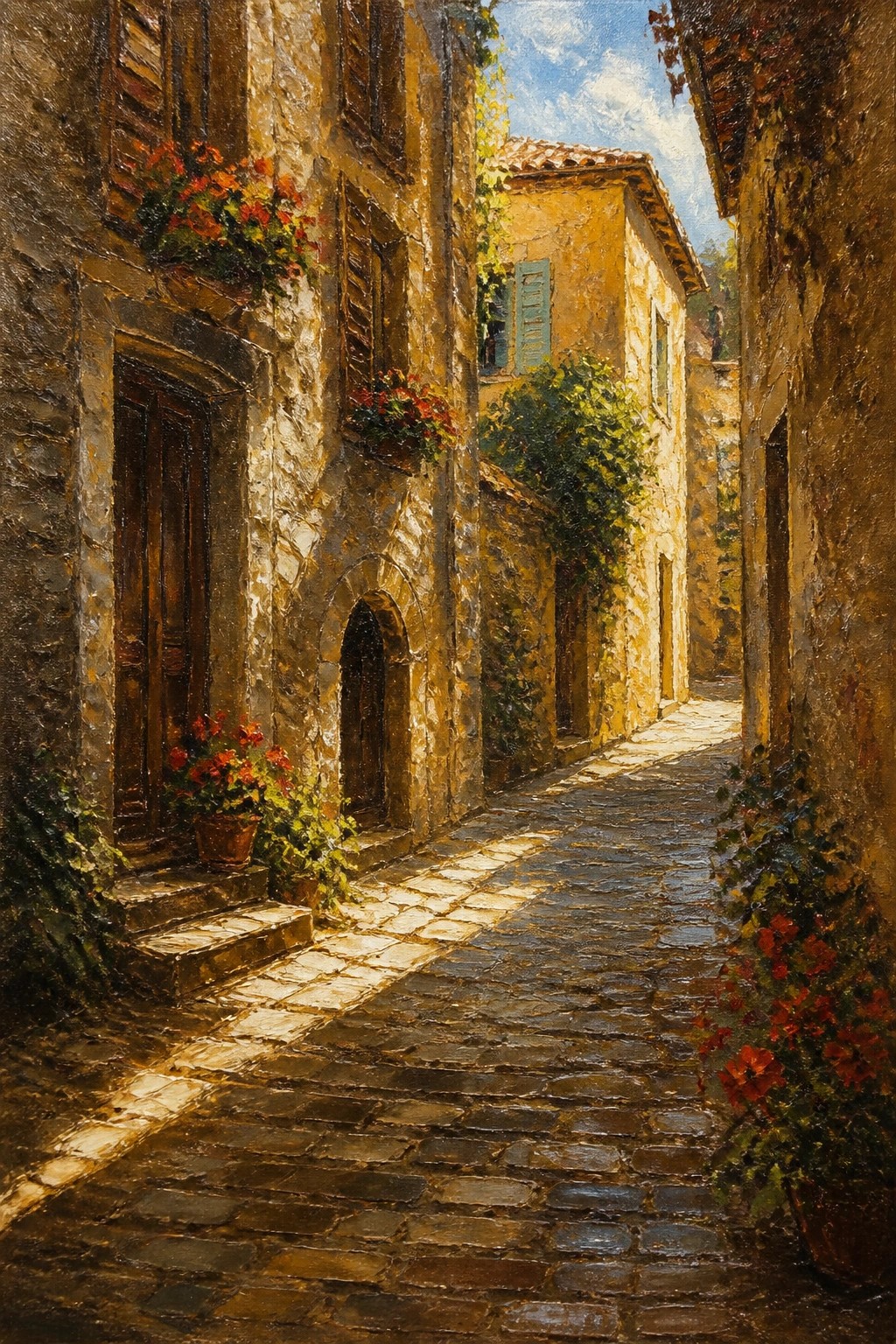 Sunlit cobblestone alley flanked by flower-lined stone buildings with wooden shutters.