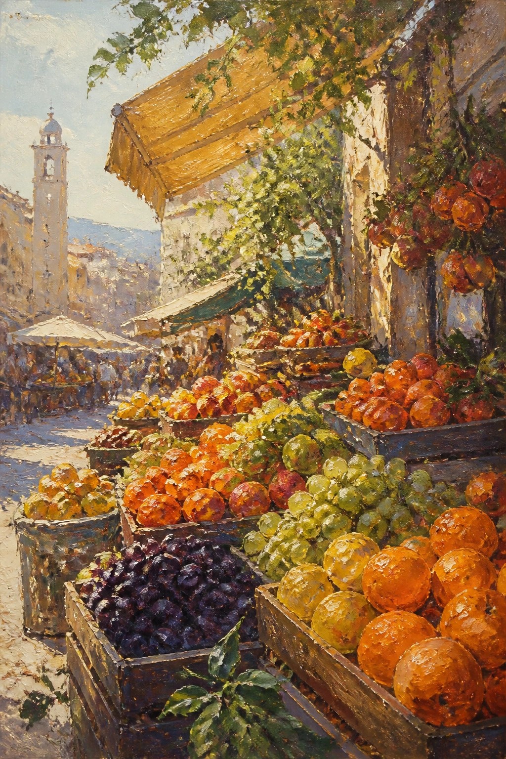 Sunny market stall with wooden crates of vibrant oranges, grapes, and plums.