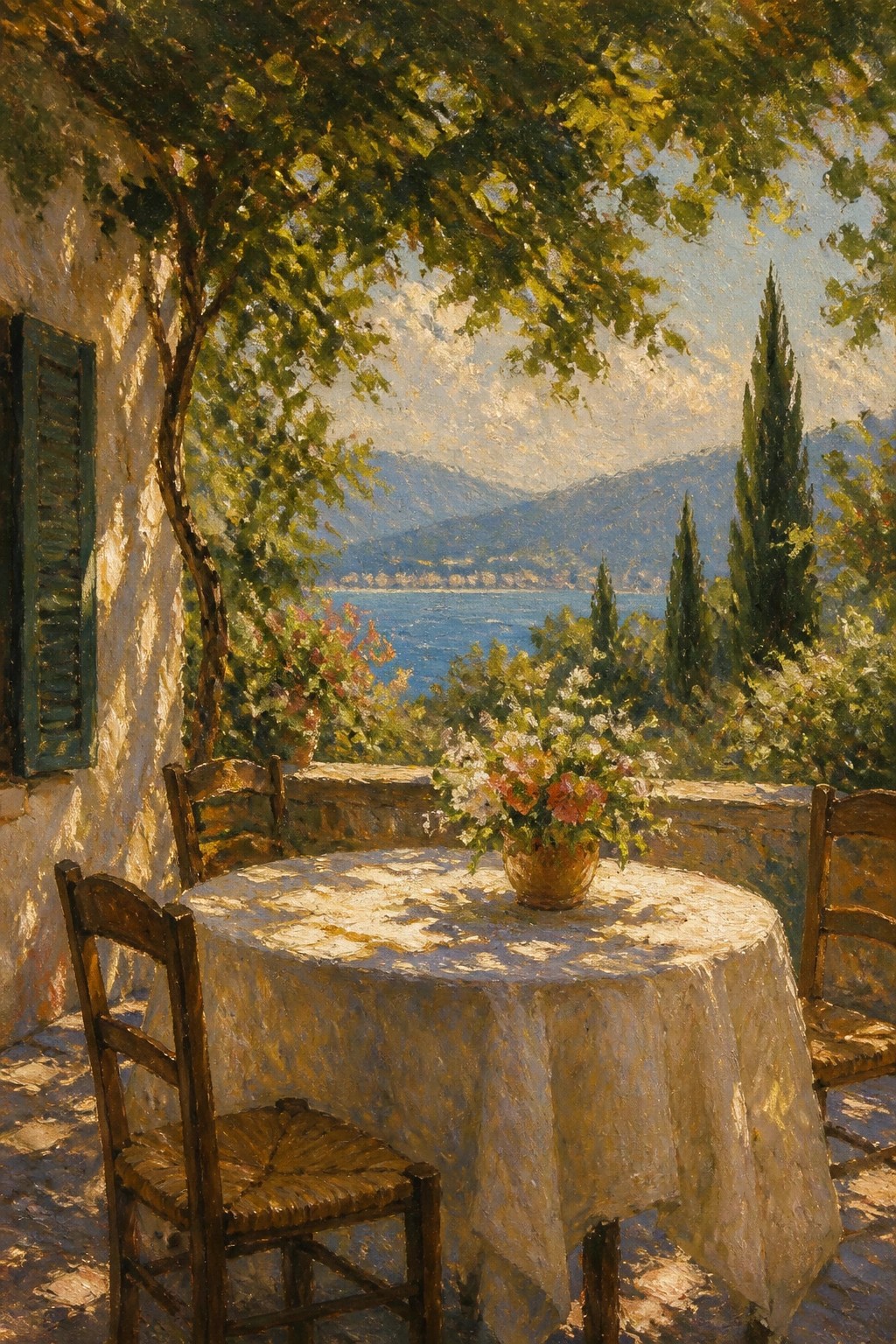 An oil painting of a sunlit terrace with a white-clothed round table holding a vase of flowers, wooden chairs nearby, a building with green shutters on the left, and a view of the sea and mountains beyond trees.