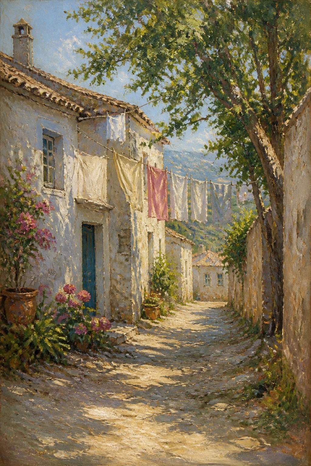 Sunlit cobblestone alley with whitewashed houses, hanging laundry, and potted flowers.