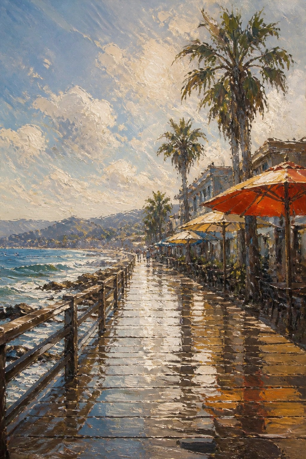 Wet seaside boardwalk with palm trees, colorful umbrellas, ocean waves, and distant mountains.