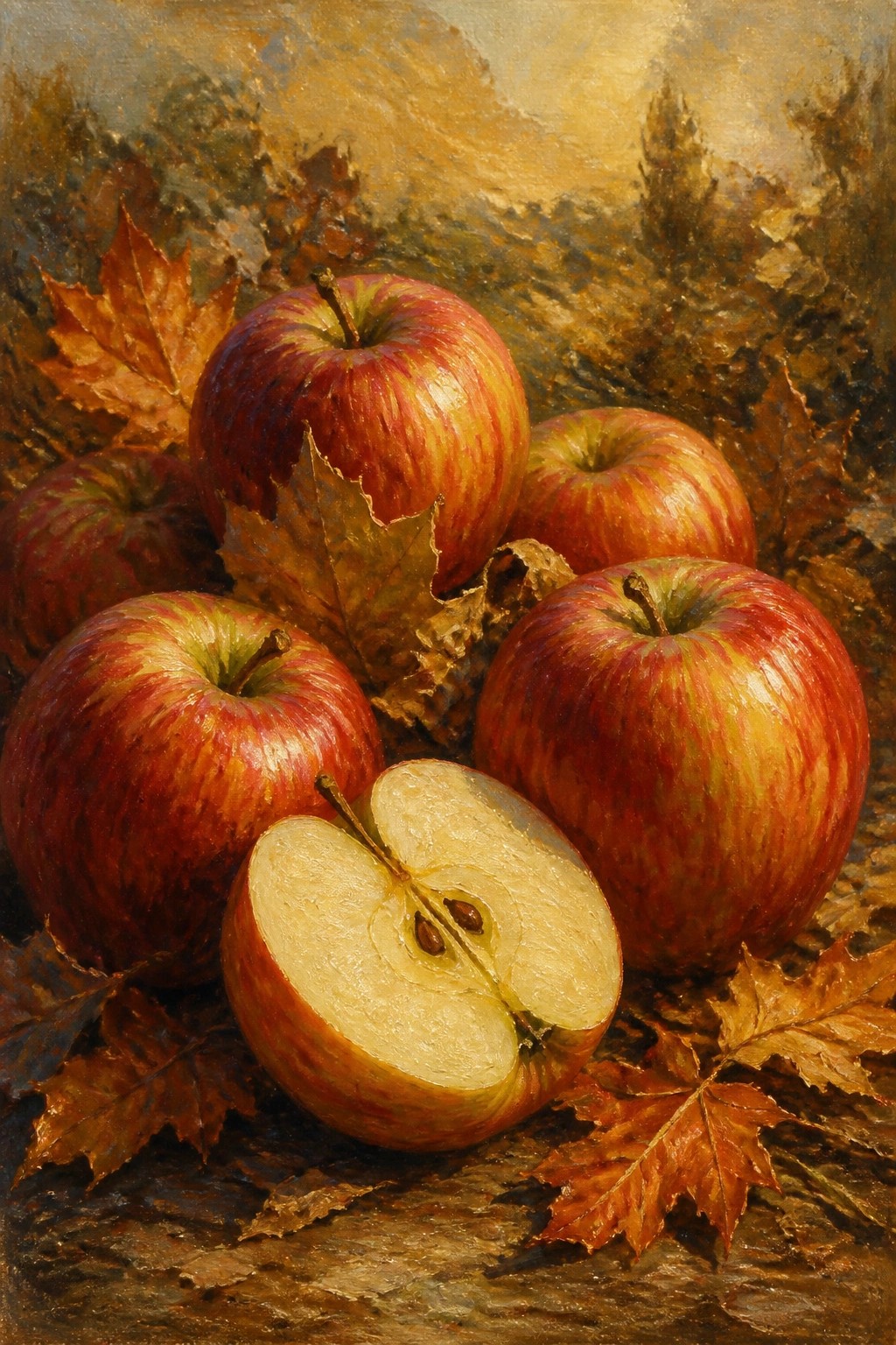 Red apples, one halved, amid autumn leaves on wooden surface in painting