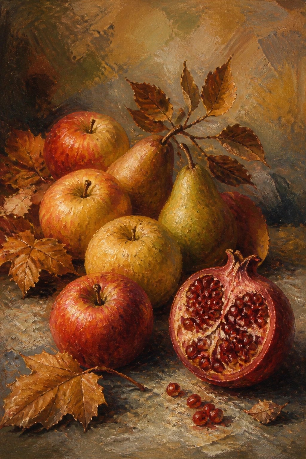 Still life of red apples, pears, and sliced pomegranate with autumn leaves.
