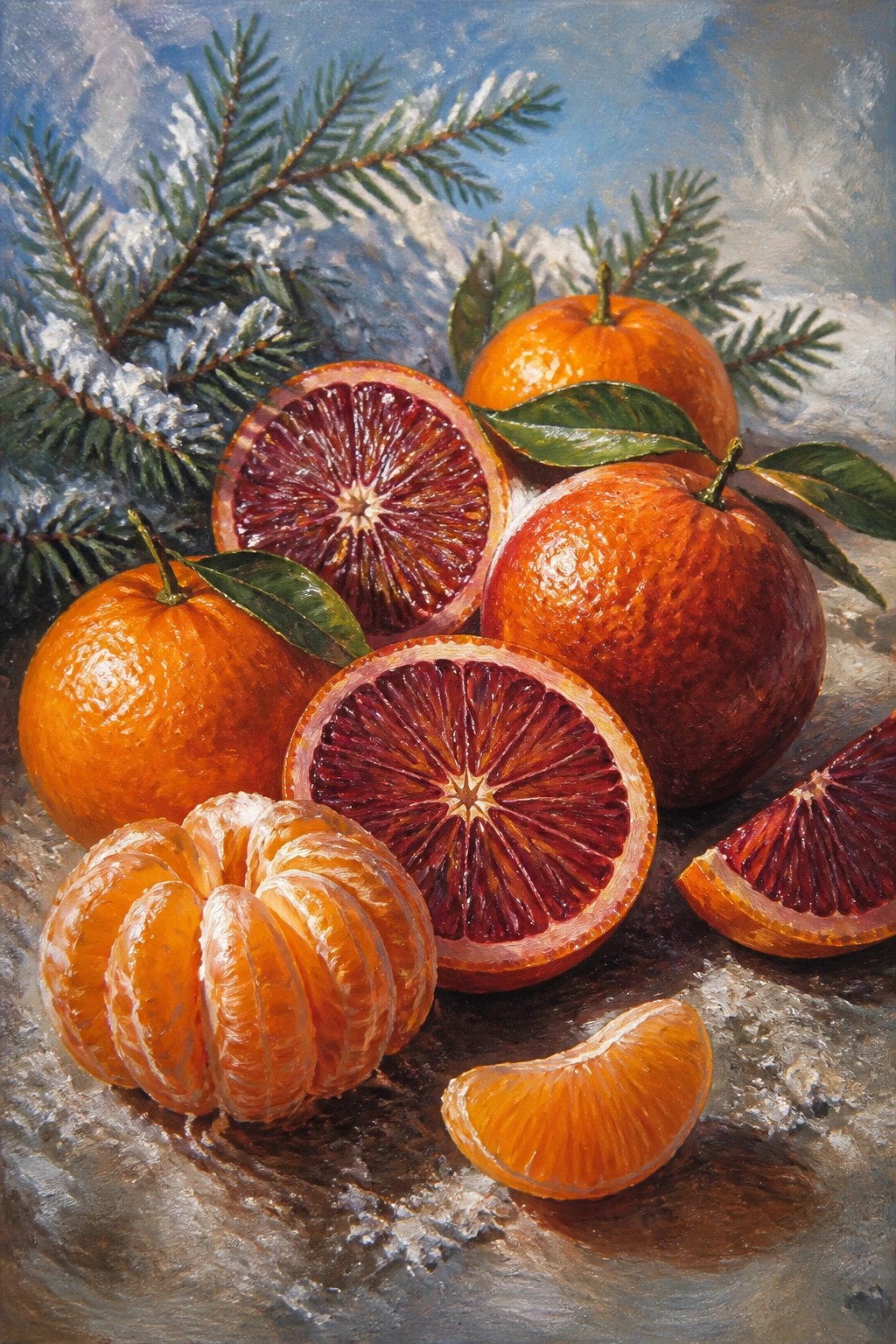 Blood oranges whole and halved with snowy pine branches in painting