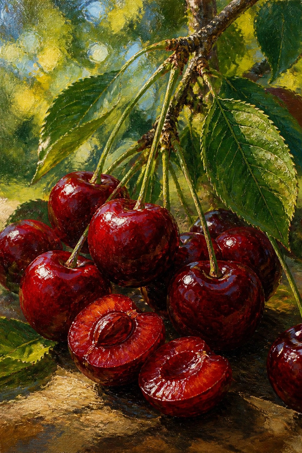 Shiny red cherries on a leafy branch, two sliced open, in realistic painting style.