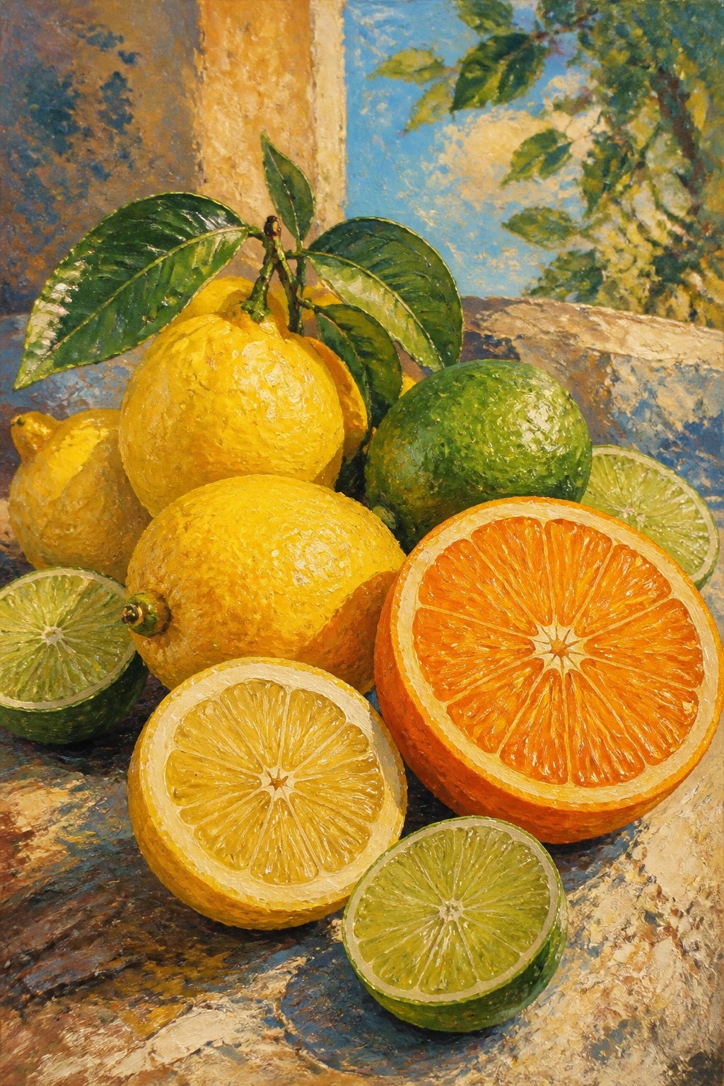 Oil painting of whole and sliced lemons, limes, and an orange with green leaves on a textured surface.