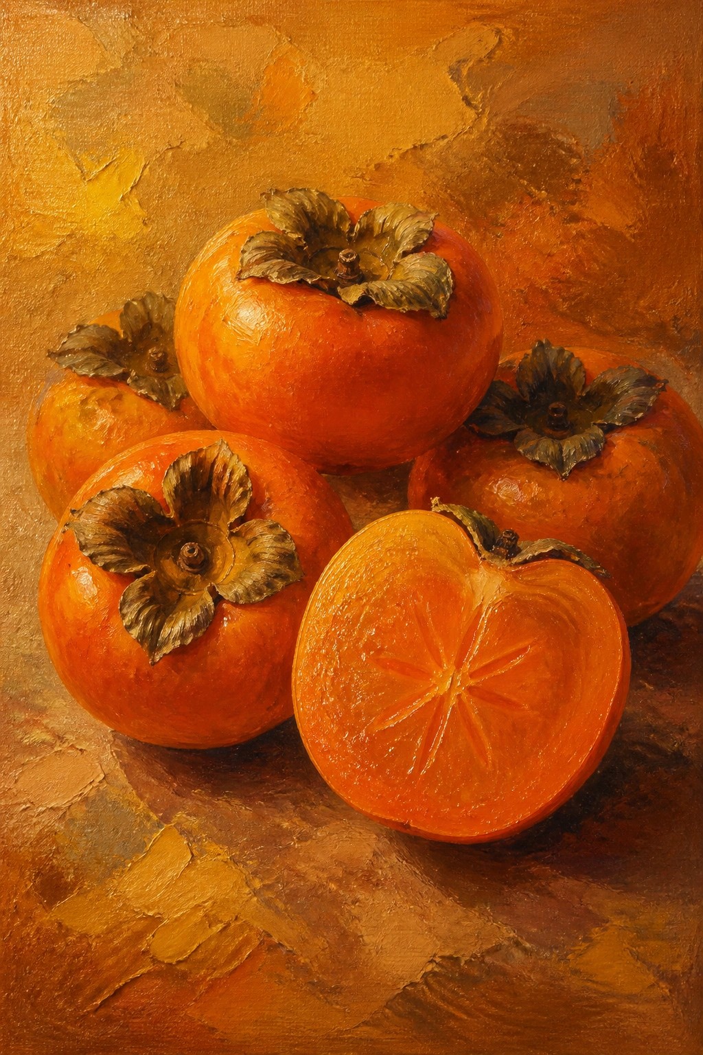 Ripe orange persimmons clustered with one halved, textured oil painting in warm tones.