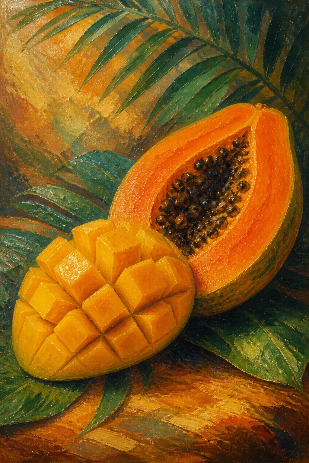 An oil painting of a halved papaya and a grid-cut mango resting on green leaves over a wooden surface.