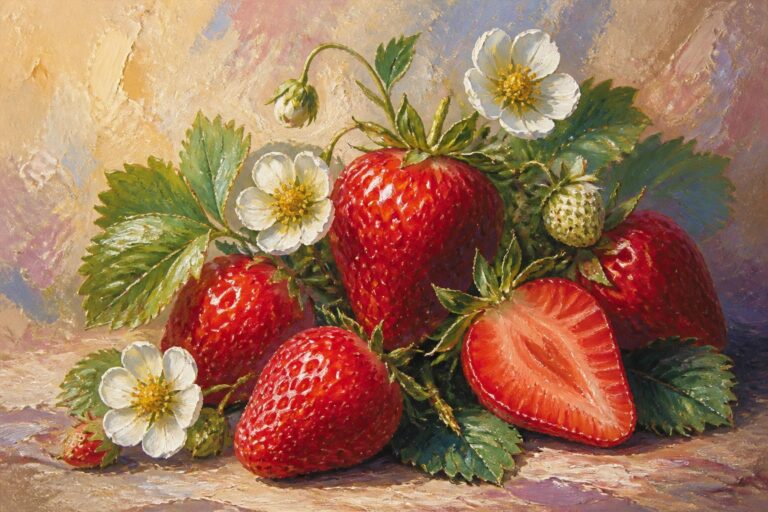 Oil painting of several red strawberries, one cut in half, surrounded by white flowers and green leaves.