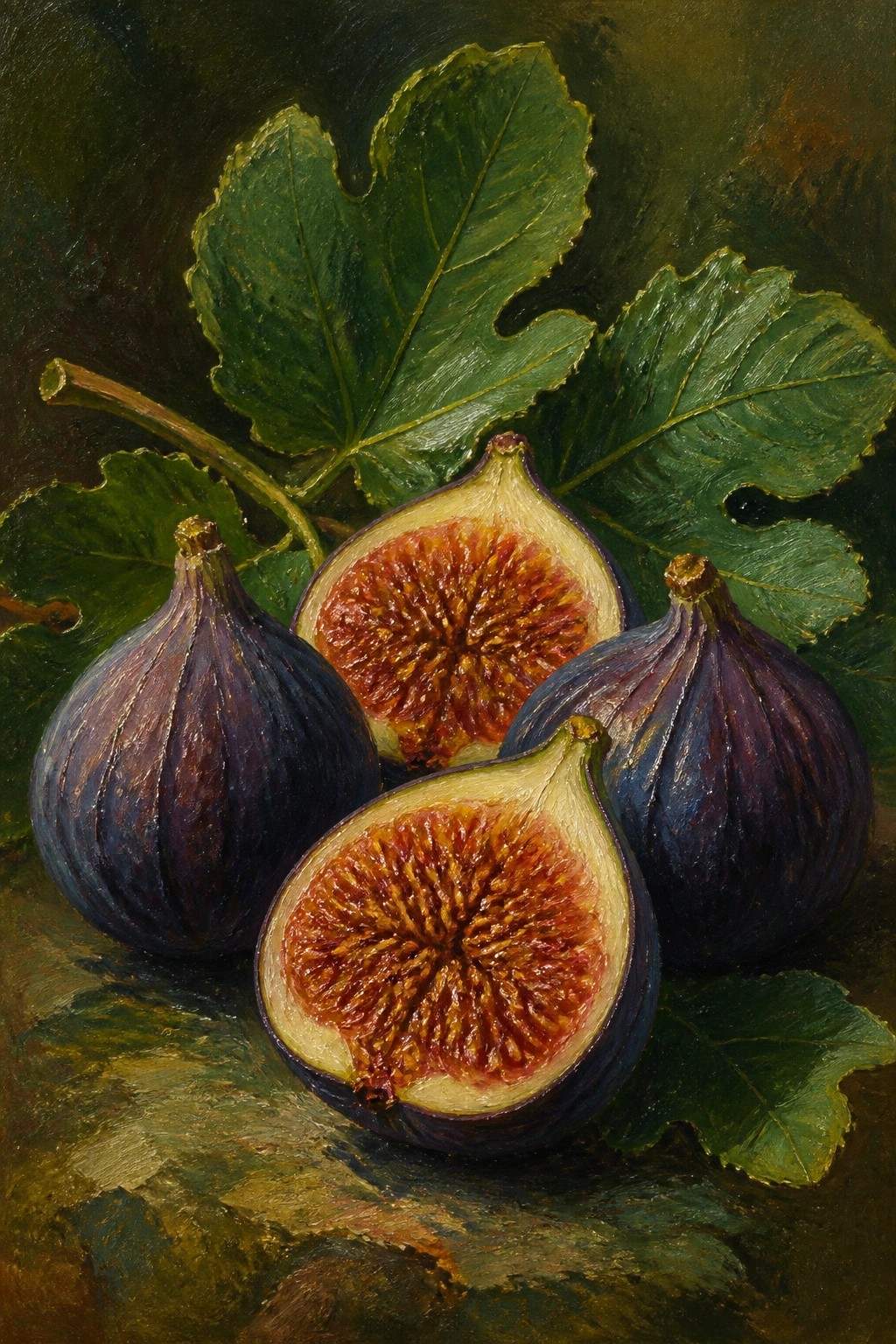 An oil painting of whole and halved purple figs with green leaves on a dark surface.