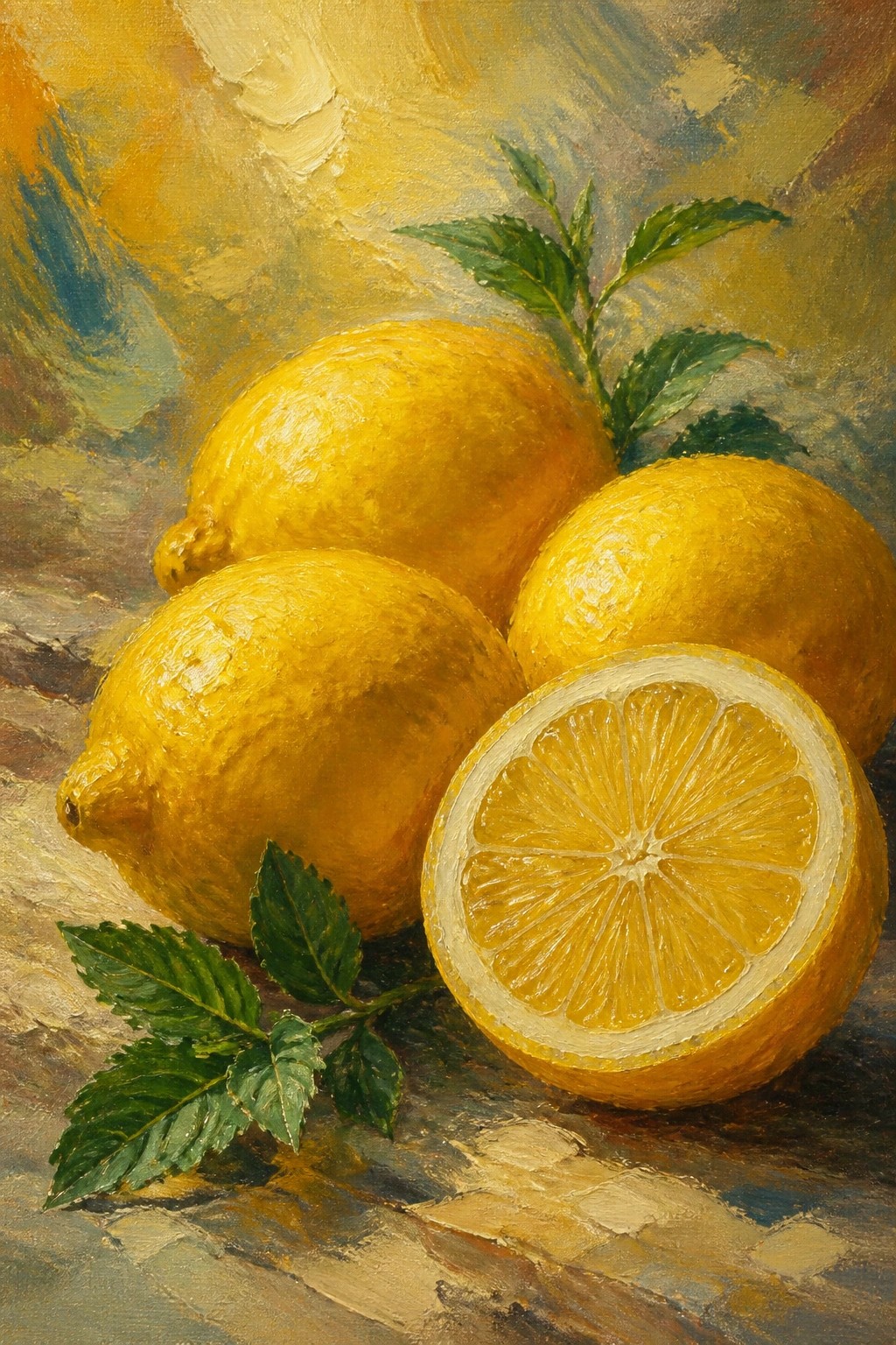 An oil painting shows several whole yellow lemons and one cut lemon half with green leaves resting on a textured surface.