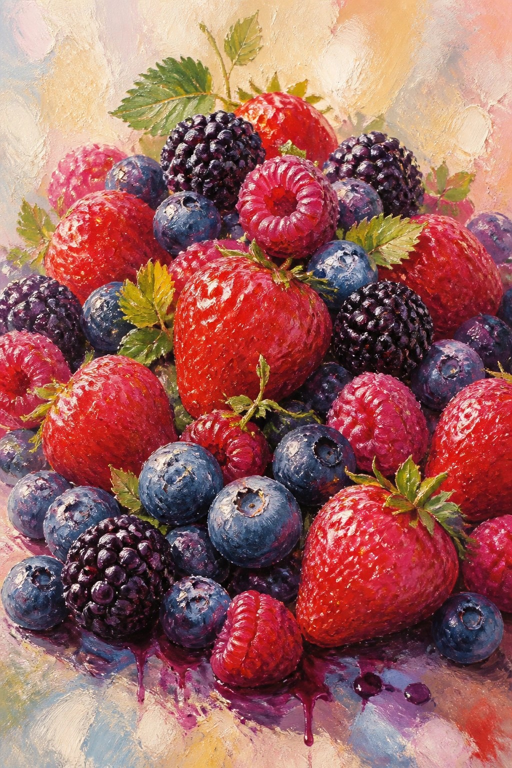 An oil painting shows a close-up pile of strawberries, raspberries, blueberries, and blackberries with green leaves and purple juice dripping at the bottom.