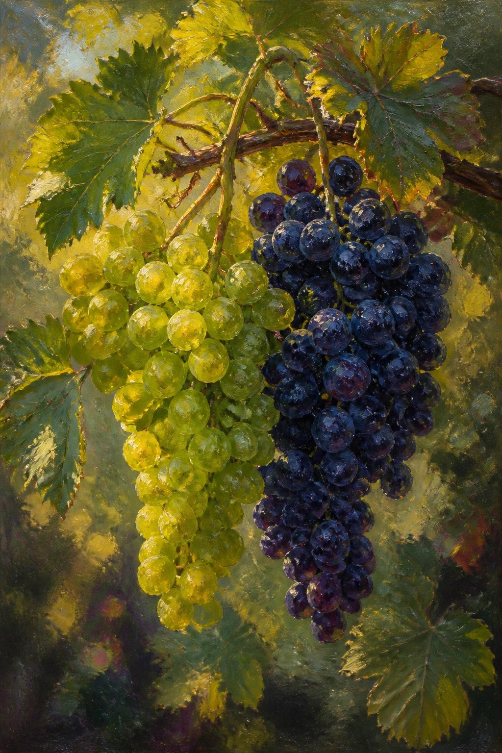 Sunlit bunches of green and purple grapes on a leafy vine