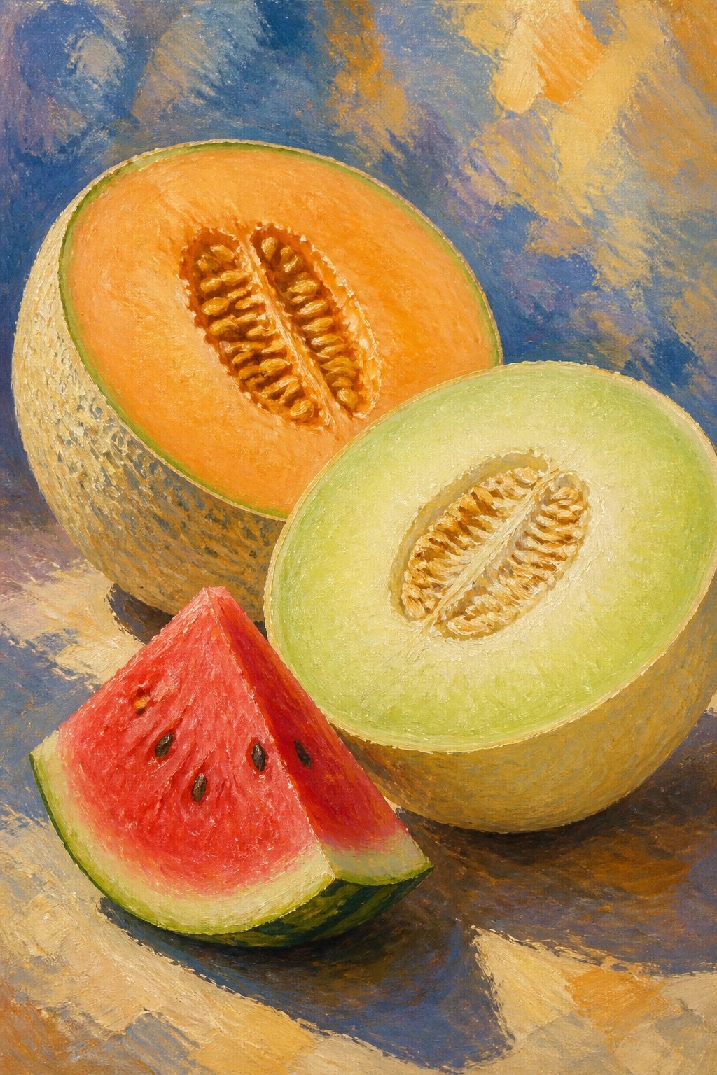 Still life painting of halved cantaloupe, honeydew melon, and watermelon slice.
