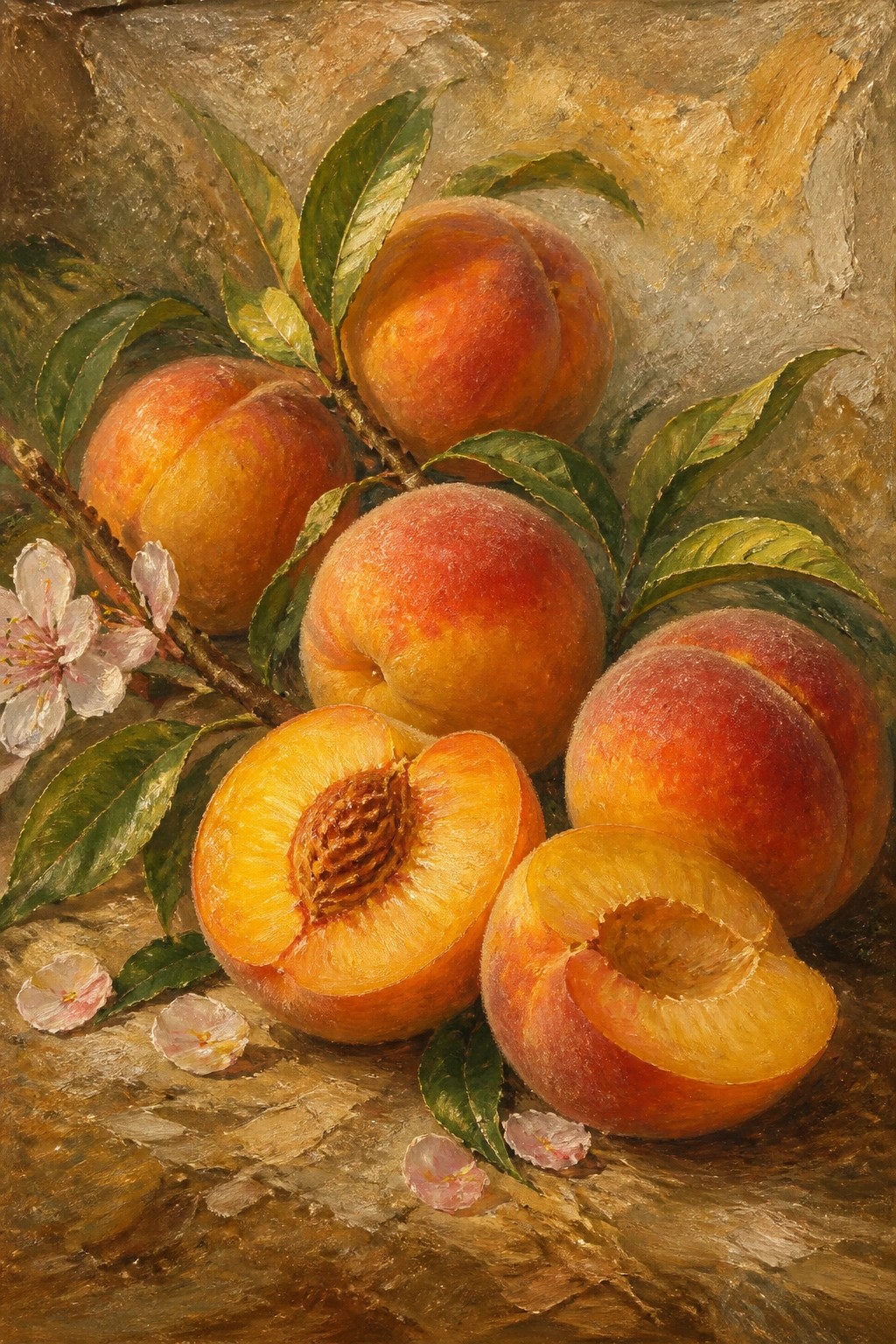 Realistic painting of whole and halved peaches with leaves and pink blossoms.