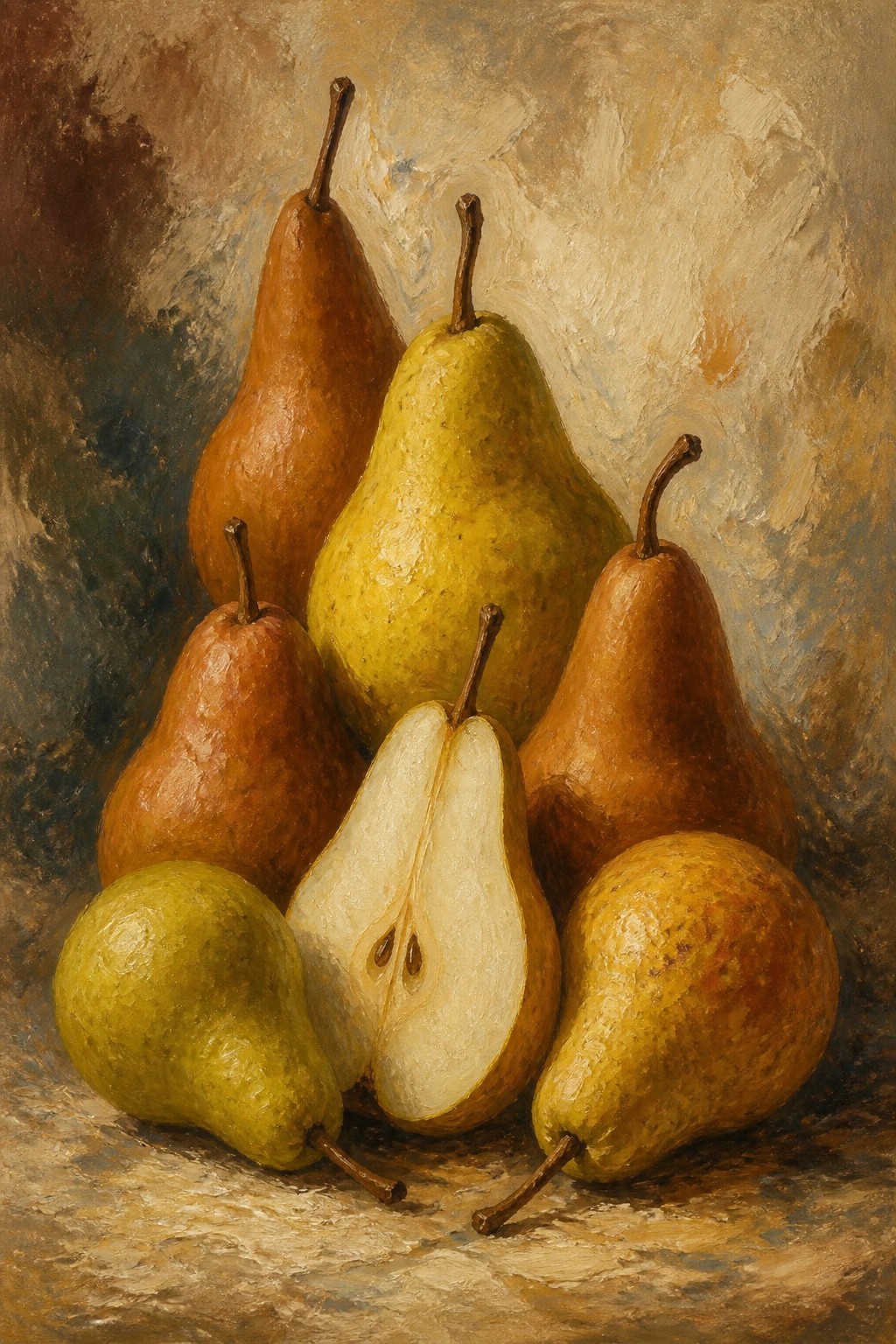 Realistic oil painting of assorted pears in warm tones, one halved to show seeds.