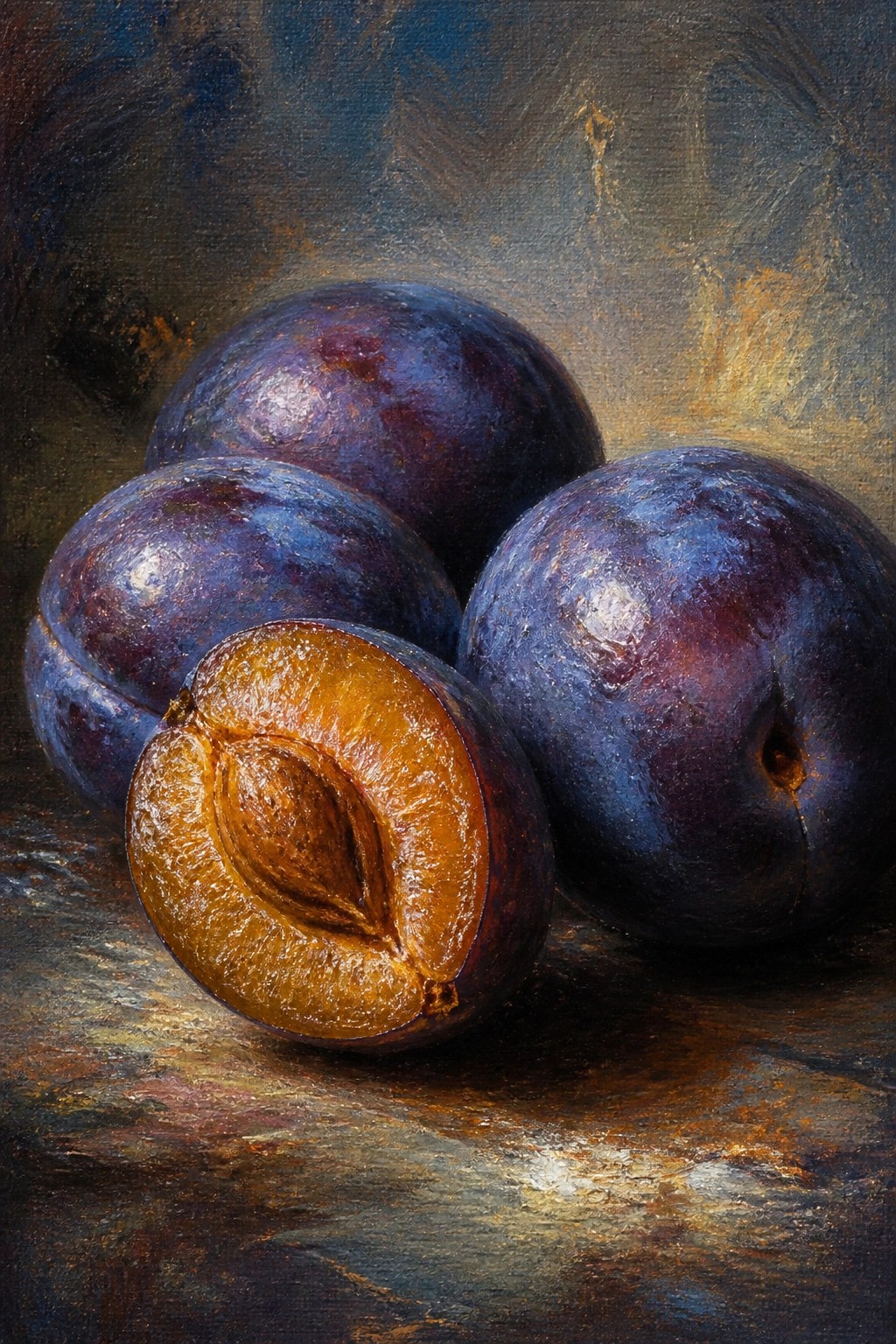 Oil painting of dark purple plums, one halved revealing golden flesh and pit.