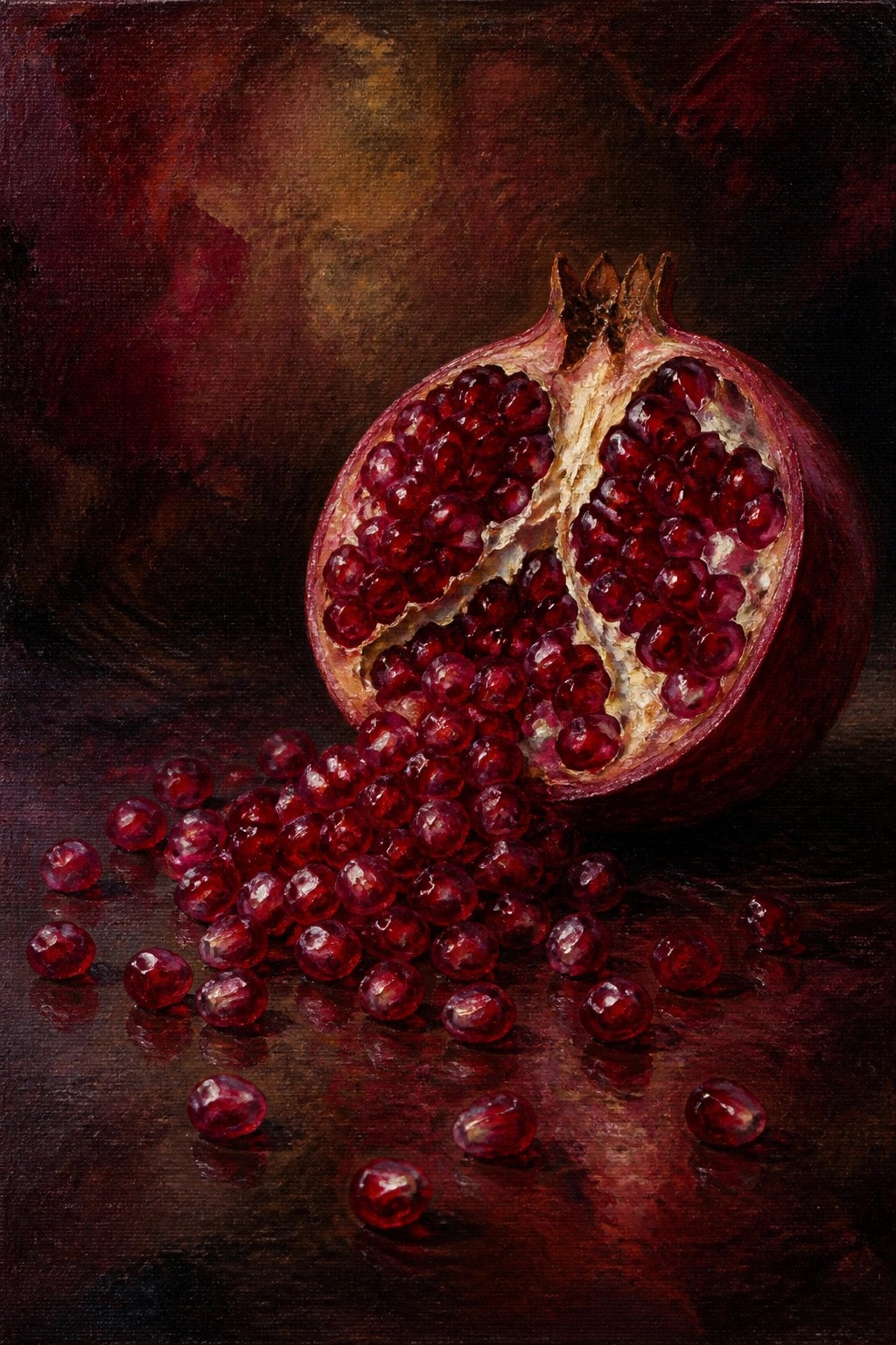Halved pomegranate spilling glossy red seeds across a dark reflective surface, oil painting