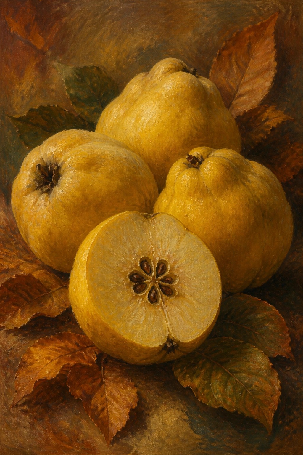 A realistic oil painting of several yellow quinces piled together with one cut in half to reveal the seeds, surrounded by brown and green leaves on a dark textured background.